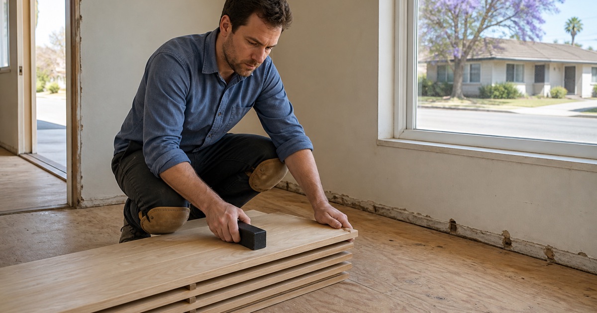 Installer checking a bundle of white oak boards acclimating in a room, spacer battens laid flush between each layer.