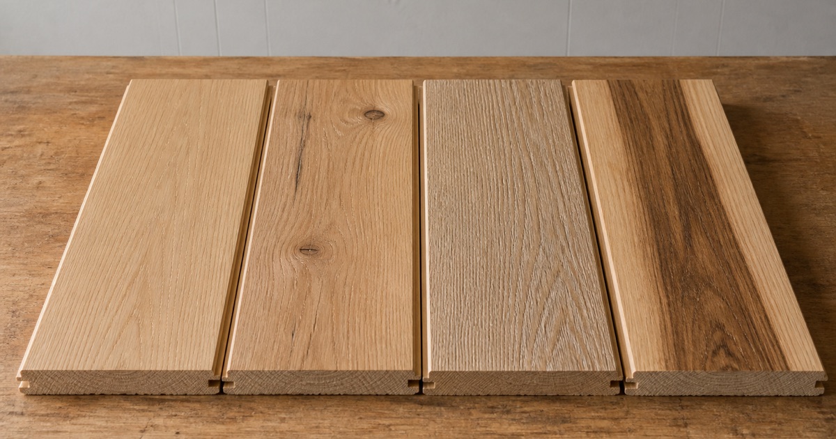 Four white oak and hickory board samples laid side by side on a workbench showing different grades, textures and sheen levels.
