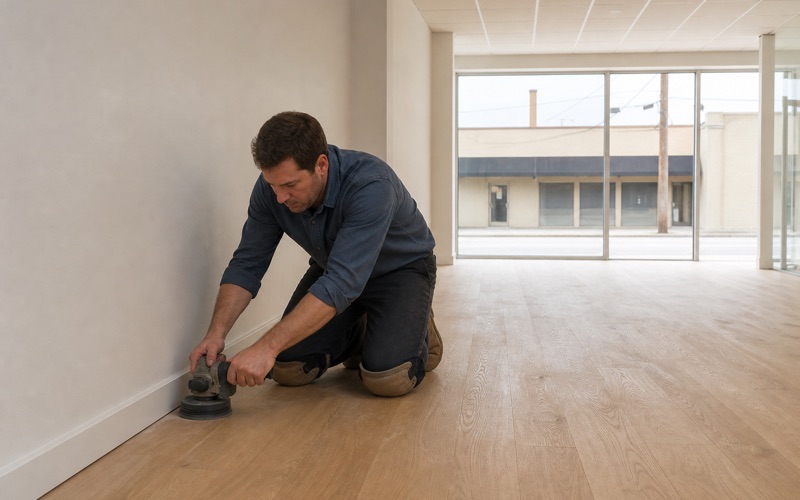 Operator running an edger along the base of an empty commercial unit with a white oak floor, the boards meeting a painted base in the corner.