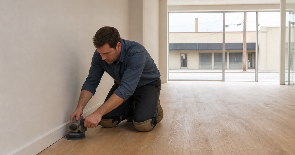 Operator running an edger along the base of an empty commercial unit with a white oak floor, the boards meeting a painted base in the corner.