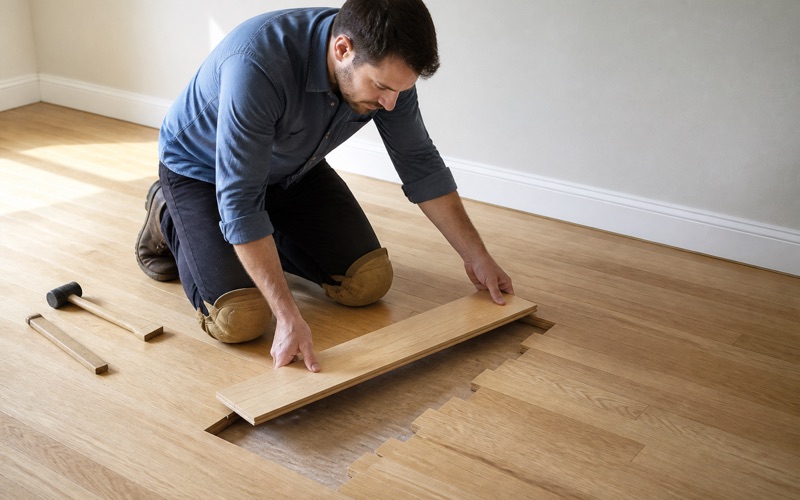 Installer lacing a replacement white oak board into an existing floor, the new board's end joint staggered against the surrounding rows.