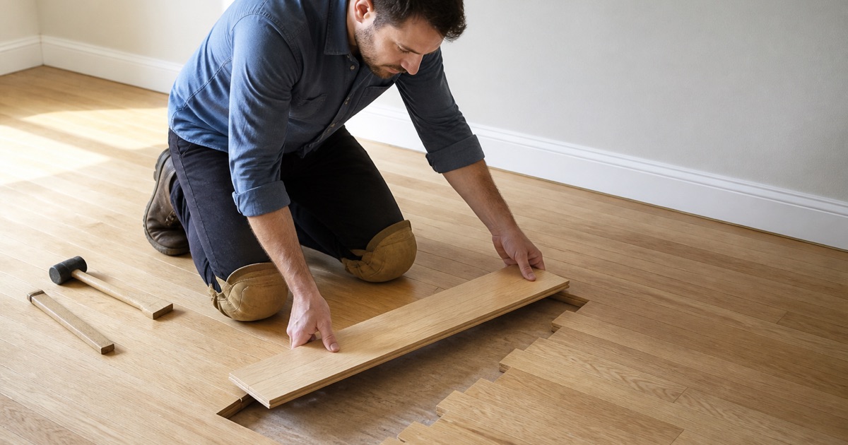 Installer lacing a replacement white oak board into an existing floor, the new board’s end joint staggered against the surrounding rows.