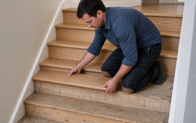 Joiner seating a white oak retro tread with a bullnose front edge onto a stair carriage, the nosing overhanging the riser below.
