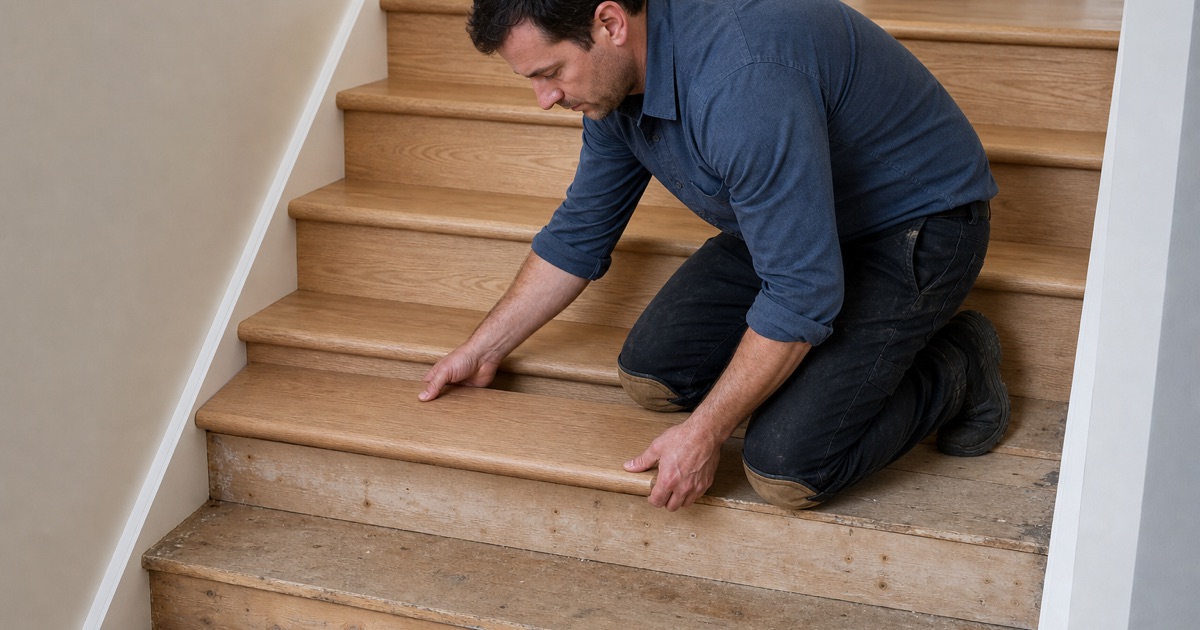 Joiner seating a white oak retro tread with a bullnose front edge onto a stair carriage, the nosing overhanging the riser below.