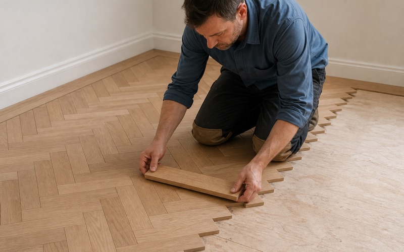 Installer setting a white oak herringbone block against its neighbor in a partly laid pattern floor, the field advancing from a center line.