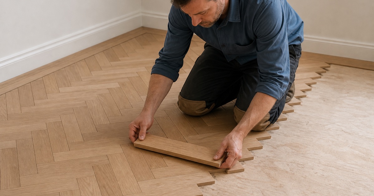 Installer setting a white oak herringbone block against its neighbor in a partly laid pattern floor, the field advancing from a center line.