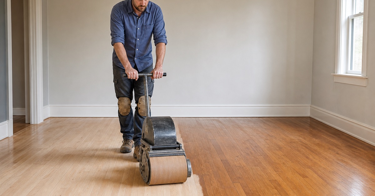 Floor sander working a room of red oak boards toward the doorway, both hands on the machine handle bar and the sanded field pale behind him.
