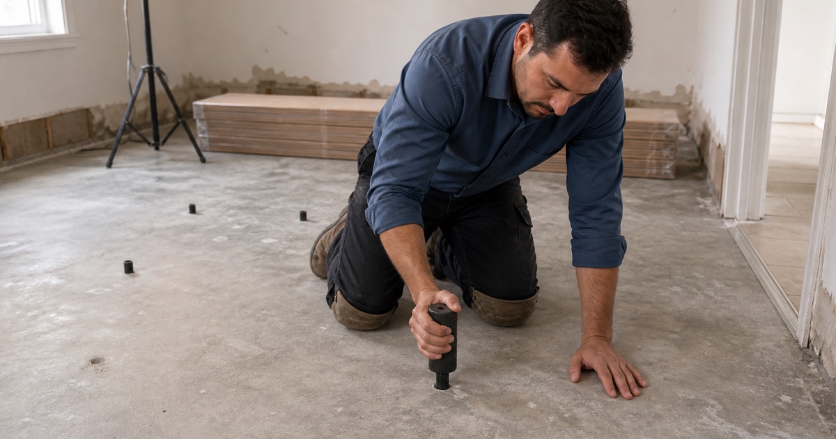 Technician seating a relative humidity probe sleeve into a drilled hole in a bare concrete slab, the meter body filling his palm with its display turned away.