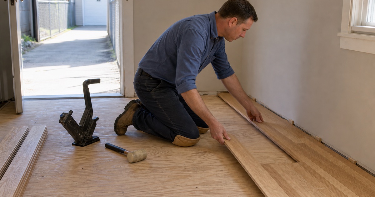 Installer lowering a solid white oak strip board against the last laid row over a plywood subfloor, the flooring nailer and mallet set down behind him.