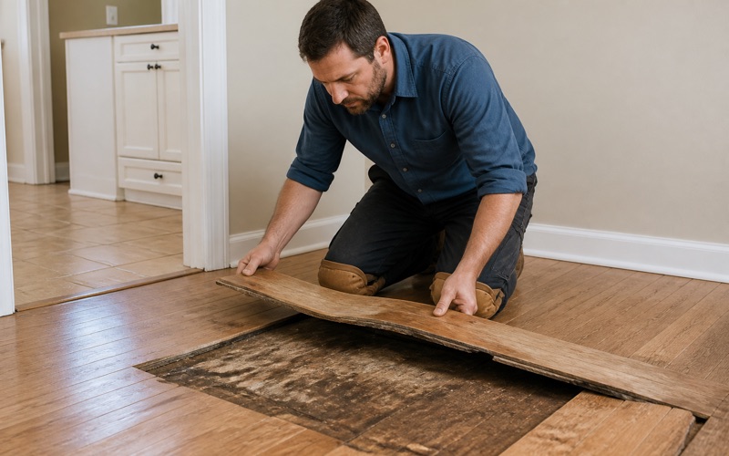 Worker lifting a delaminated white oak board clear of a water damaged floor, the sound boards and exposed subfloor visible beside it.