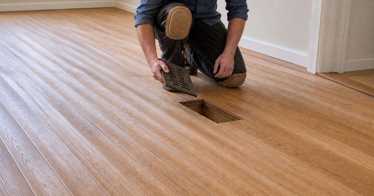 Worker lifting a floor register out of a cupped white oak floor, the board edges standing visibly proud of their centers across the whole room.