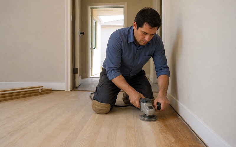 Operator running an edger along the perimeter of a red oak floor, the machine held two-handed against the baseboard line.