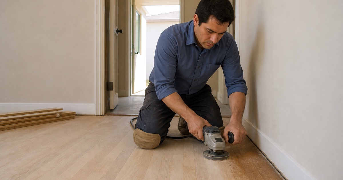 Operator running an edger along the perimeter of a red oak floor, the machine held two-handed against the baseboard line.