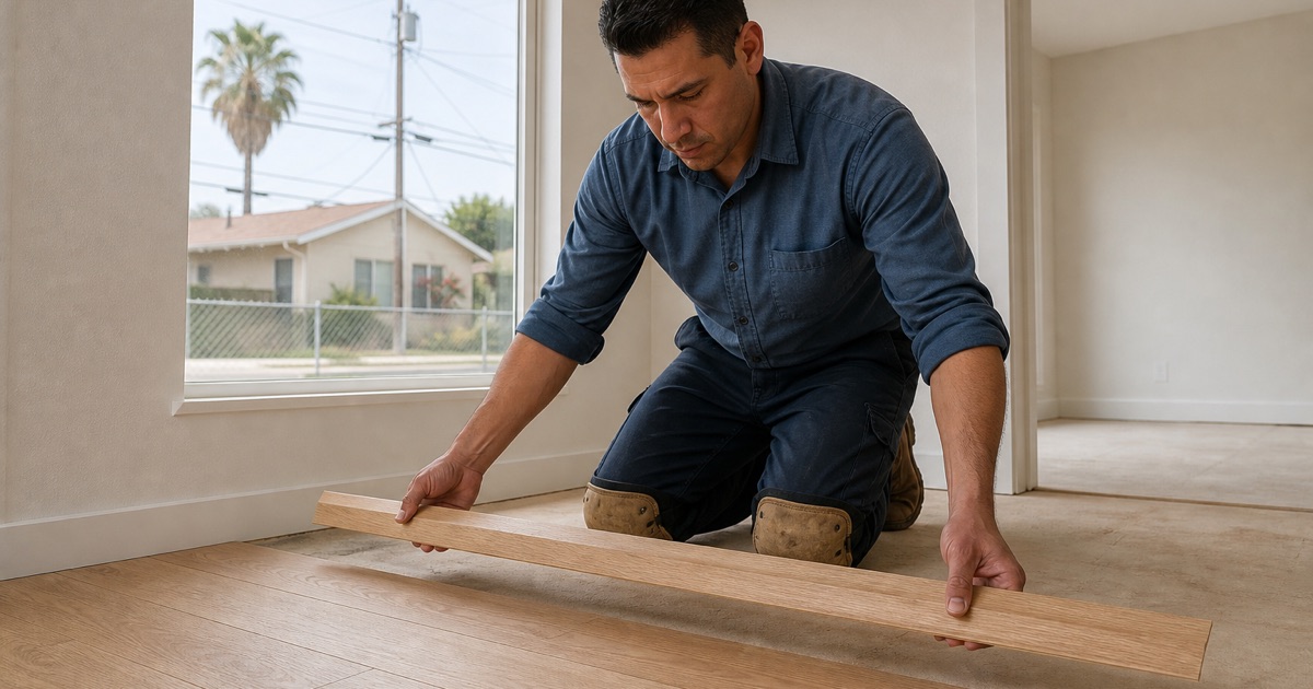 Installer lowering a white oak board into place beside the previous row in a Bell Gardens living room, the laid boards running under the shoe molding behind him.